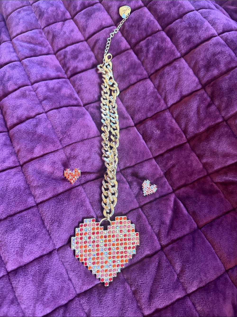 Betsey Johnson Multicolor Crystal Pixel Heart Necklace and  - Gold Chain